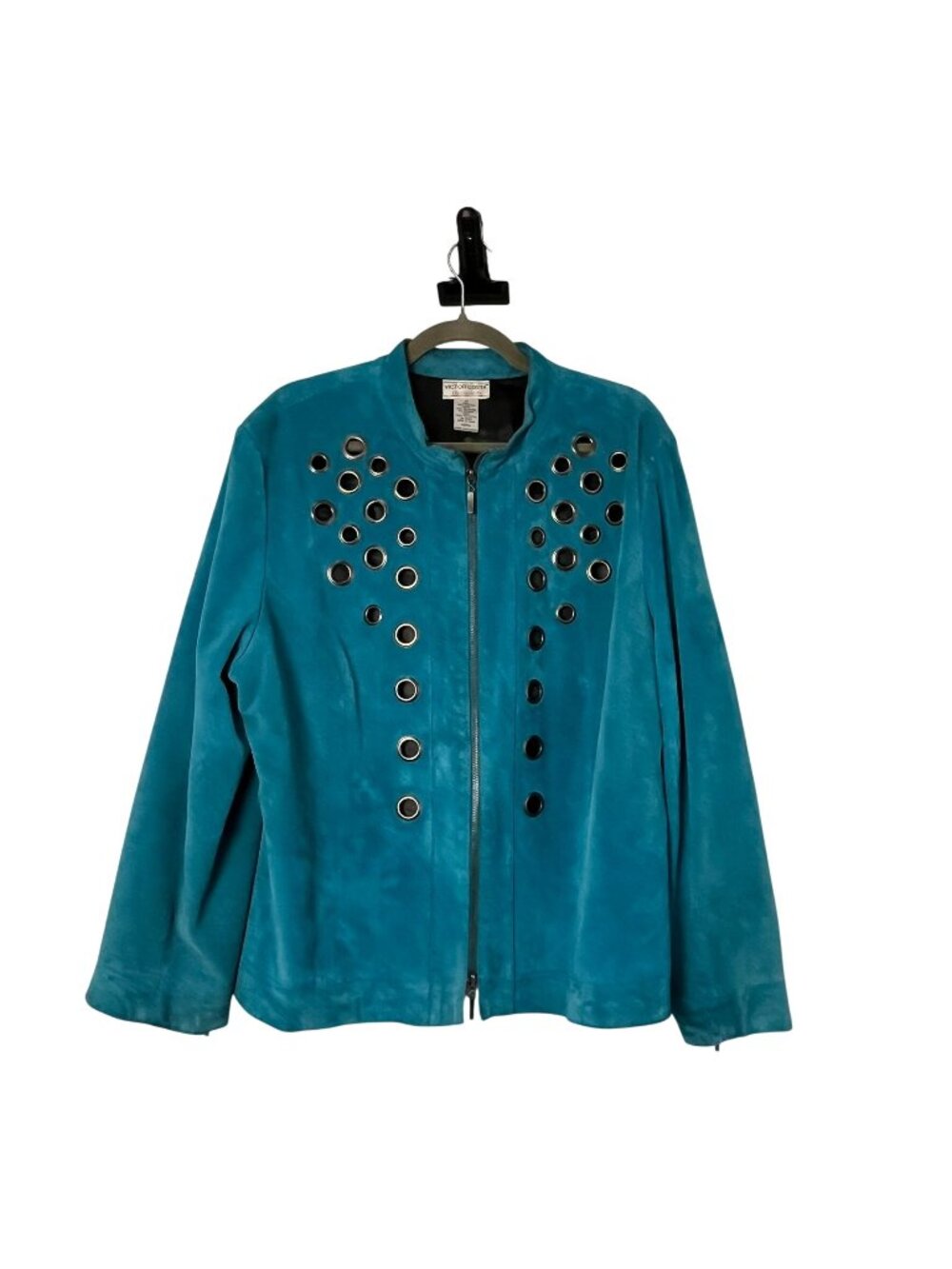 Vintage Victor Costa Occasion Teal Suede Leather Jacket Womens 1X Grommet Zip Us